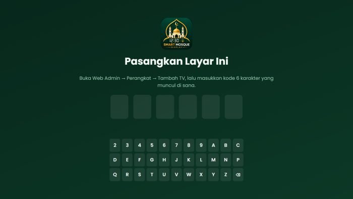 Layar pemasangan menampilkan kode pairing enam karakter