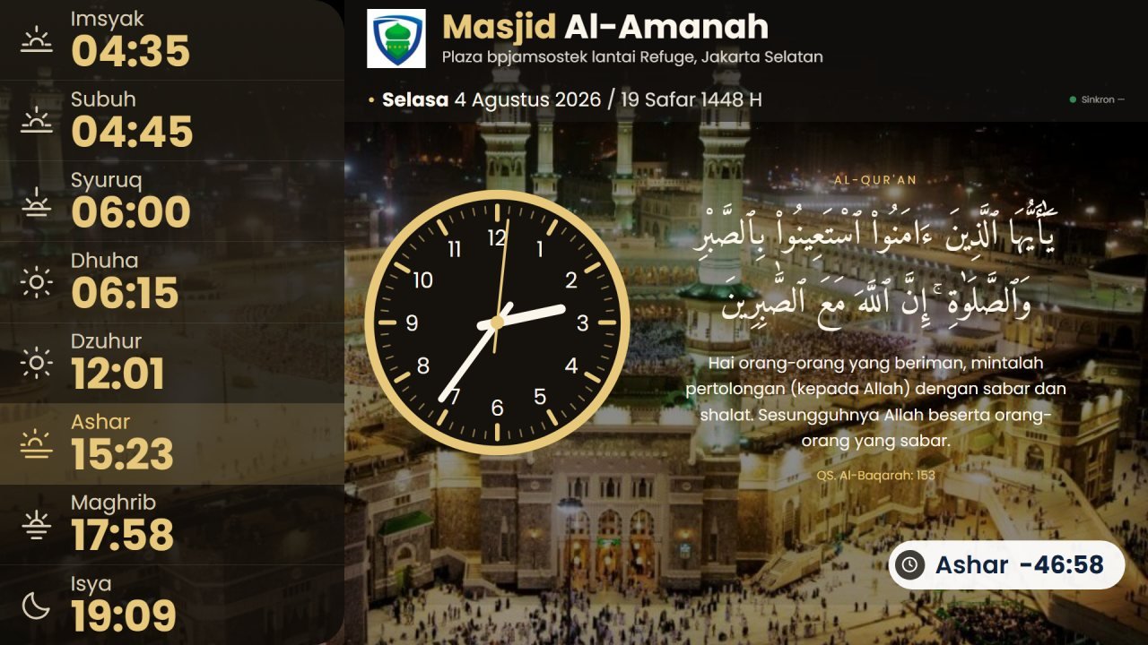 Layar TV MihrabTV menampilkan jadwal shalat, jam, dan running text